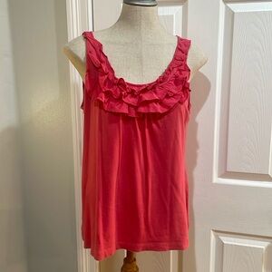 Ann Taylor loft sleeveless top ruffle scoop neck 100% cotton red womens size LP